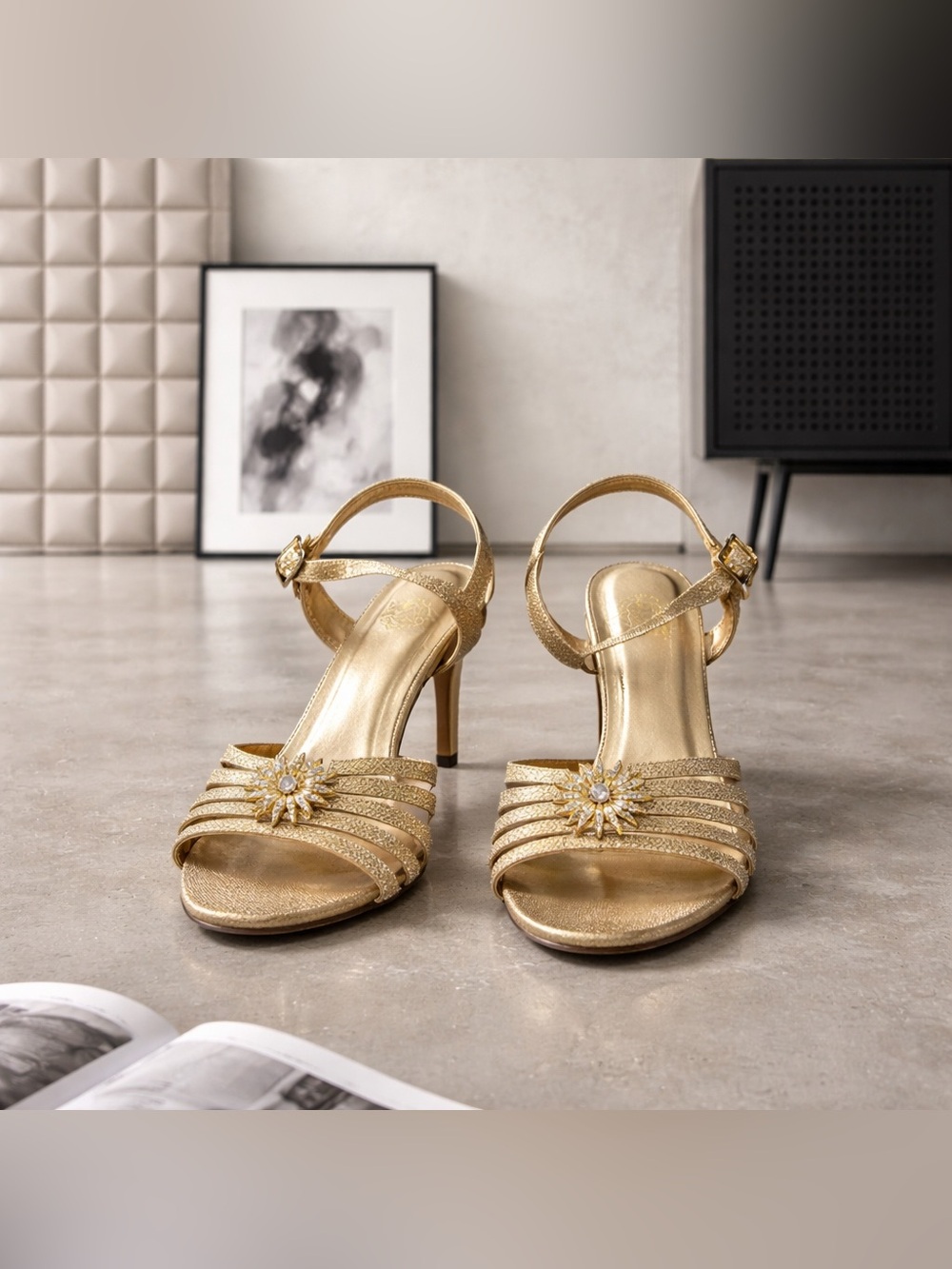 Floral Gold Women's Heeled Sandals - Size 10 WW